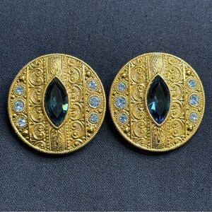 Sapphire Rhinestones and Gold Tone Filigree Clip-on Earrings